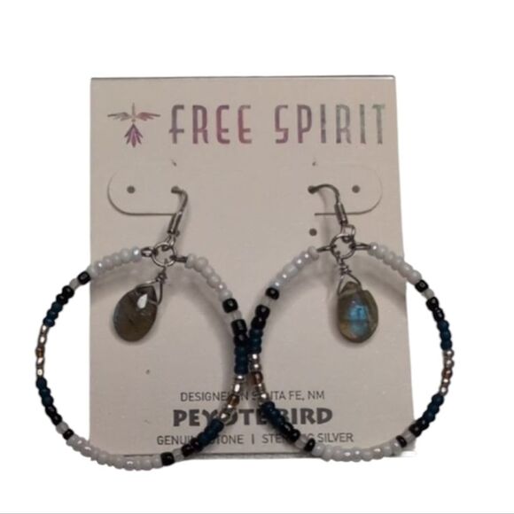NWT Peyote Bird Semiprecious Stone Sterling Silver Earrings Seed Bead Circle - Picture 1 of 7